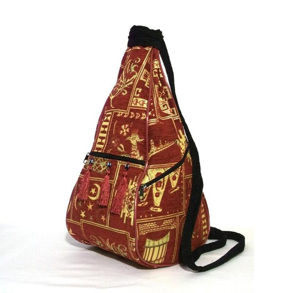 Ethnic Style Backpack, Bohemian Crossbody Bag, Exotic Shoulder Bag, Extraordinary Design, Pear Shaped Odd Bag, Native Bag, Maroon Golden