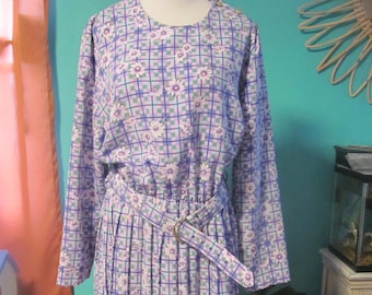 Vintage Purple Floral Geometric Modest Retro Dress Long Sleeve Spring / Silky Pleated Dress