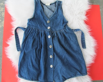 Girls Vintage 90s Denim Button Down Jumper DRESS Jean Dress Pleated Denim Spring Summer Dress Tie Waist / Denim Dress Metal Buttons