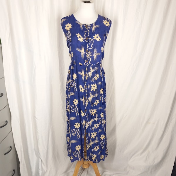 Vintage 1990s Blue Flowers & Fish All Over Print Rayon Summer Maxi Sundress Ties in Back Button Front With Pockets  Made in India Dress