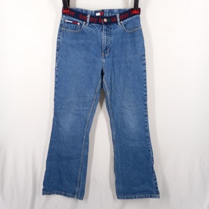 Ladies Vintage 90s Y2k TOMMY HILFIGER Flare Jeans Tommy Jeans Med Wash Denim Spellout Logo Waist Red White Blue Embroidered Logo