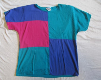 Medium Shiny 80s Shirt 80s Color Block Blouse 80s Bat Wing Sleeves Vintage Color Block Top 90s Satin Blouse