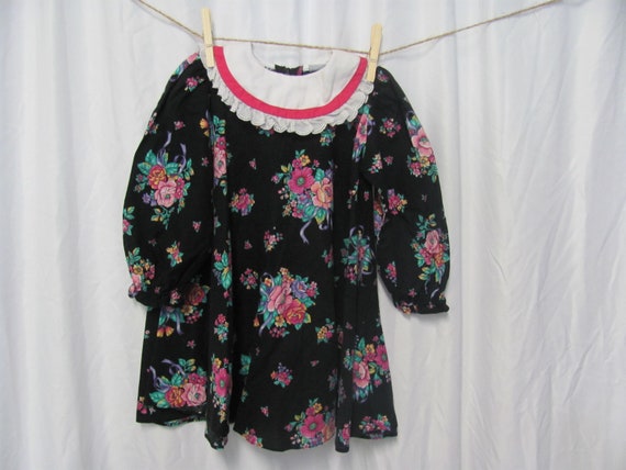 Girls Vintage 80s 90s ADORABLE Black Floral Long … - image 5