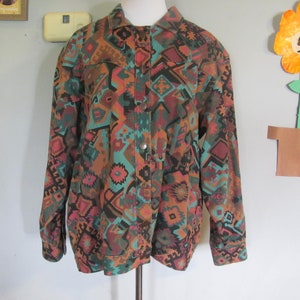 Vintage 90s Denim Southwestern Print Multi Colored Jacket Jean Jacket Womens Retro 1990s Gotcha Covered Jeanswear Jacket Made in USA Large