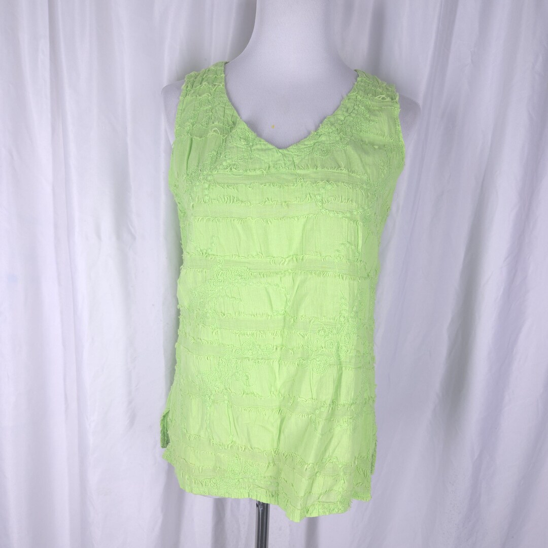 Vintage 1990s Y2k Neon Lime Green Embroidered Gauze Tank Top by Peanut — free download