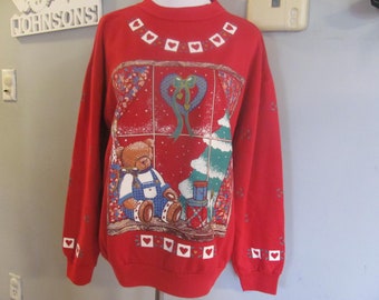 Vintage 90s Christmas Sweatshirt: Teddy Bear Holiday Pullover, Large
