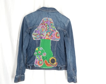 Patchwork MUSHROOMS Denim Jacket Multi Color  Floral Print Hippie Retro Reworked Upcycled Ladies Jean Jacket