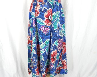 Vintage Floral Print Midi Skirt, High Waist Rayon Skirt with Pockets