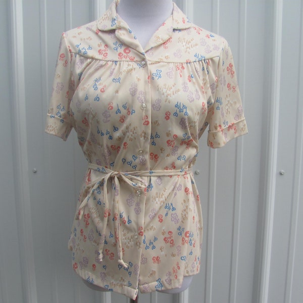 Vintage 70s Retro Smartique Blouse Cute Flower Print Womens Top