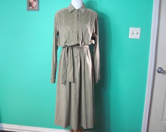 Vintage Tan Midi Dress, Soft Tie Waist Button Up (Size 10)