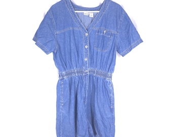 Vintage 90s Denim Romper, Button-Front Jean Playsuit, Pockets