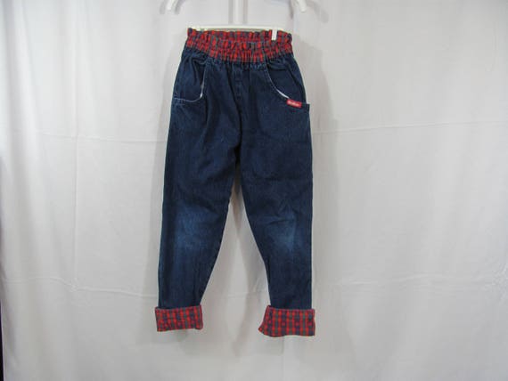 Vintage 90s Girls HIgh Waist Denim And Plaid Jean… - image 1