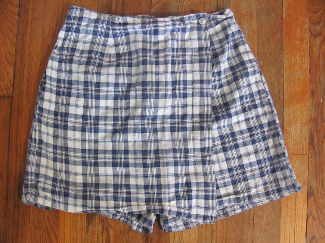 Womens Vintage 90s Blue and White PLAID SKORTS Shorts Cotton Etsy
