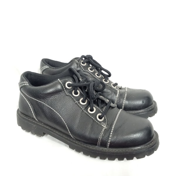 Vintage 1990s Black Leather Lace Up Shoes Retro 90s Ladies Boots Size 7