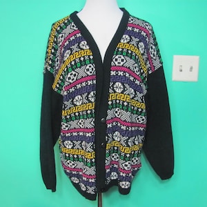 Vintage 90s Multi Color Knit Cardigan Sweater / Womens cozy sweater bright designs / cute cardi / navy blue / neon / 90s sweater / hipster