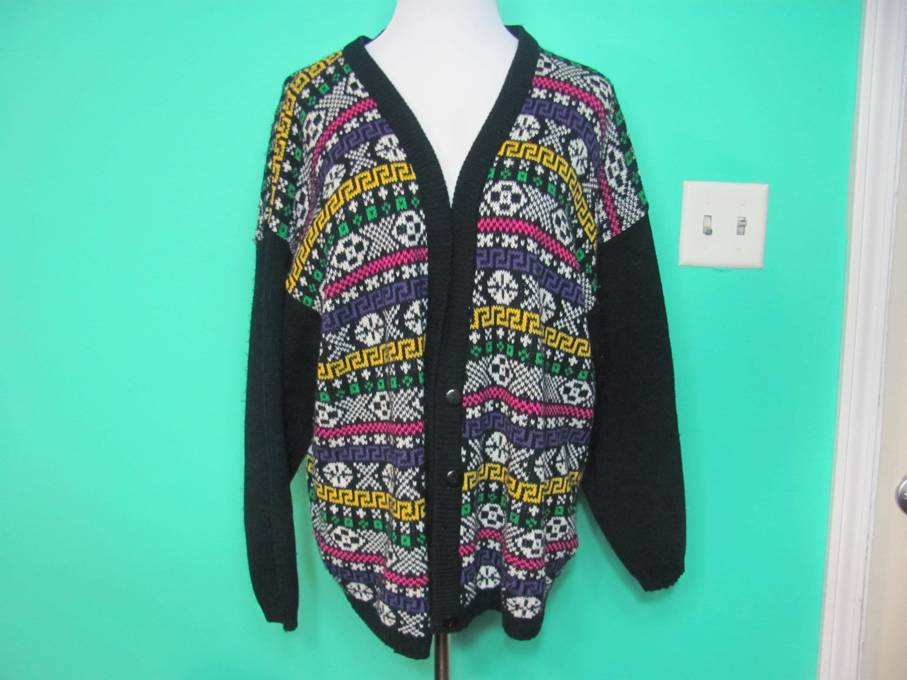 【archive】90s multicolored knit cardigan Vintage 90s Multi Color Knit Cardigan Sweater / Womens Cozy
