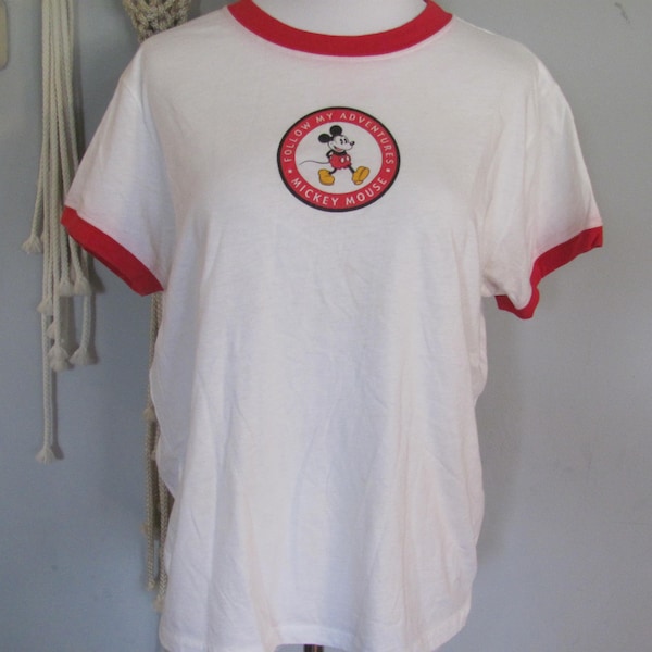 T-shirt Vintage Disney - Mickey Mouse 'Follow My Adventure' - Taille Juniors 2XL, Blanc - Occasion Très Bon état