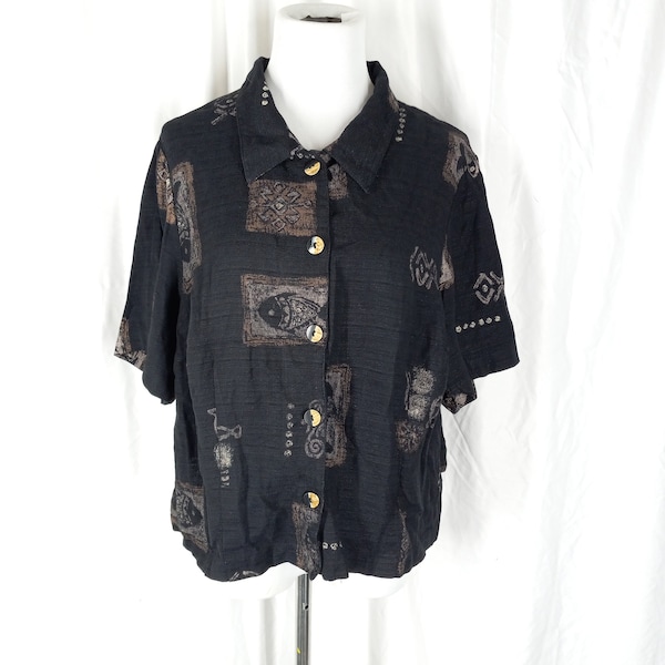 Vintage 1990s Teddi Women Black and Gold loose Fit Flowy Short Sleeve Top With Back Slit Floral Fish Print Cute Retro Blouse