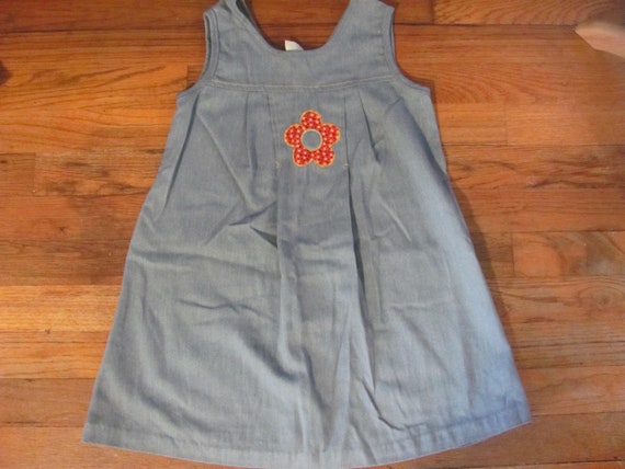 Girls Vintage Denim Jumper Dress Retro Flower Pat… - image 1