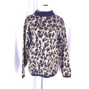 Vintage 80s Retro metallic Threaded Animal Print Leopard Cheetah Knit Mock Neck Sweater
