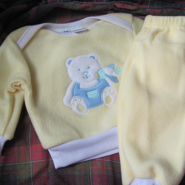 Vintage 90s Soft Fleece Two Piece Baby Boy Sweat Suit Sweatpants Sweatshirt Teddy Bear Yellow Blue White Gender Neutral Cozy Infant Gift