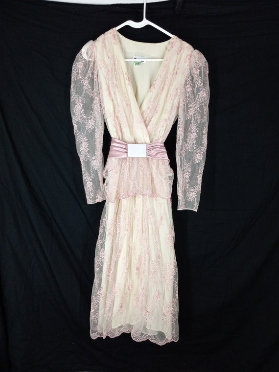 Vintage 80's Pink Floral Lace Peplum Dress Sheer L