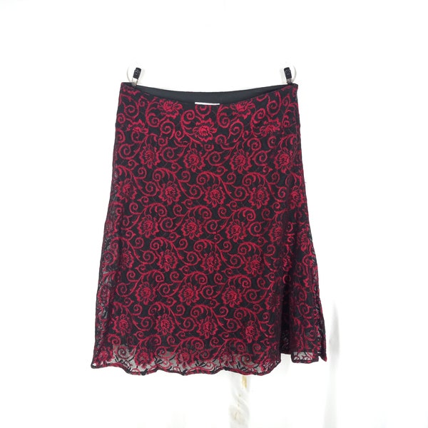 Vintage 1990s y2k red and black floral abstract design lace midi skirt Irvine Park ladies 10