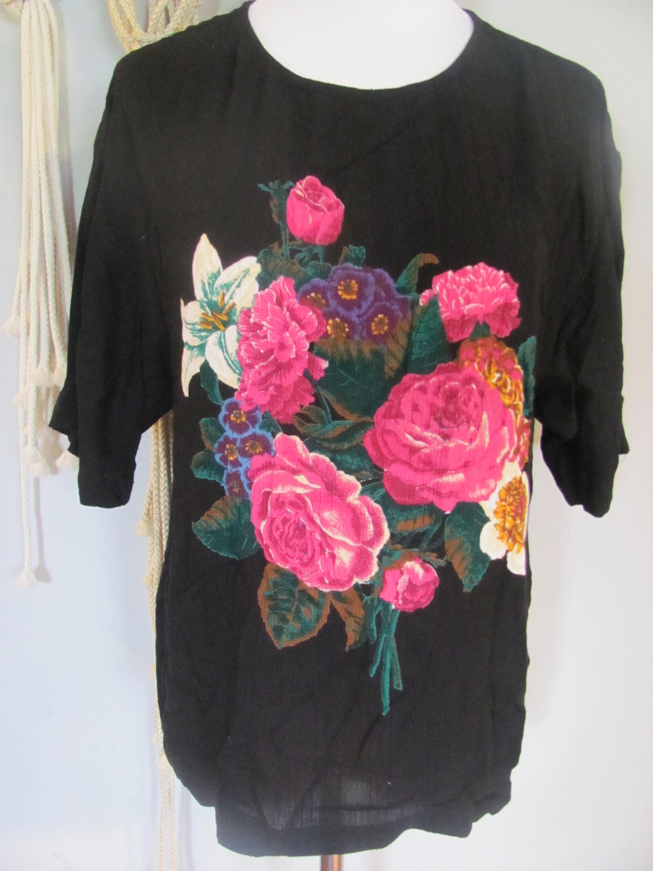 特売 Floral Black Sheer Semi 80s Vintage Womens Print Top Rayon トップス