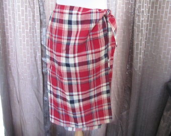 Vintage 90s RALPH LAUREN Red Plaid Linen Wrap Skirt Retro Cute Womens Skirt Womens Retro Red Plaid Wrap Skirt