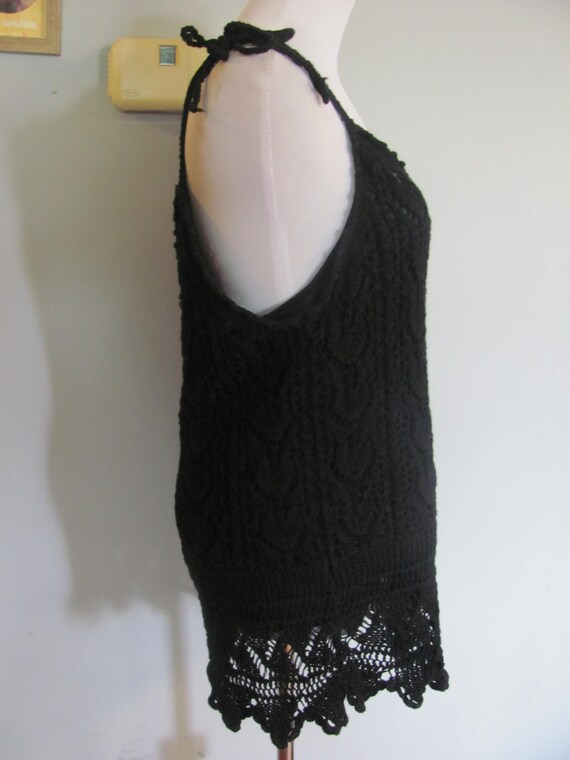 Vintage 90s Black Crochet Boho Top Tank Top Spagh… - image 5