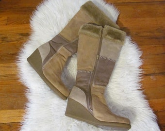 Vintage 90s Y2K Tan Brown Patchwork Boots Faux Fur Trim Wedge Heels Womens Winter Fall Boots Retro Tall Patchy Boots Lower East Side 11