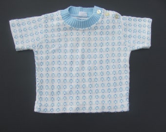 Vintage 70s Baby Toddler Knit Short Sleeve Top Retro Baby Clothing Unisex Sweater Top Blue And White