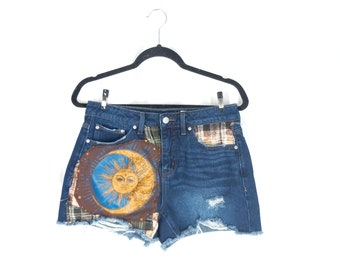 Reworked Denim Patchwork Sun and Moon Distressed Womens Shorts Upcycled High Rise Jean Shorts