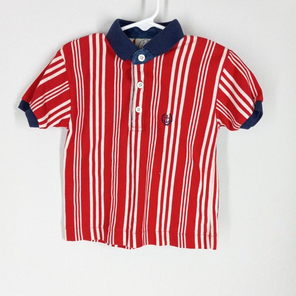 Vintage 90s Toddler Boys Nautical Red and White Striped Polo Shirt Short Sleeve Anchor Crest