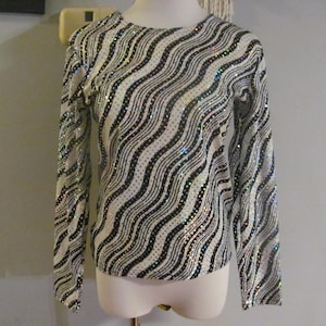 Vintage 90s Black And White Holographic Shiny Silver Polka Dot Top Funky Wavy Stripes Fun Wild Top 1990s Y2k