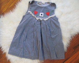 Vintage 90s Blue Corduroy Jumper Dress, Hearts Flowers Patches, Size 5
