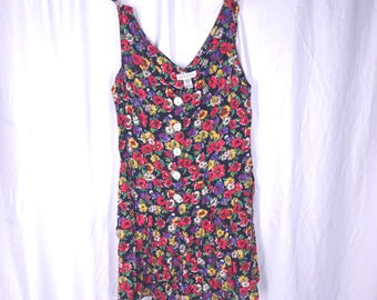 Vintage 90s Vibrant Floral Shorts Romper Multi Color Button Down Womens Rayon Playsuit Jumpsuit