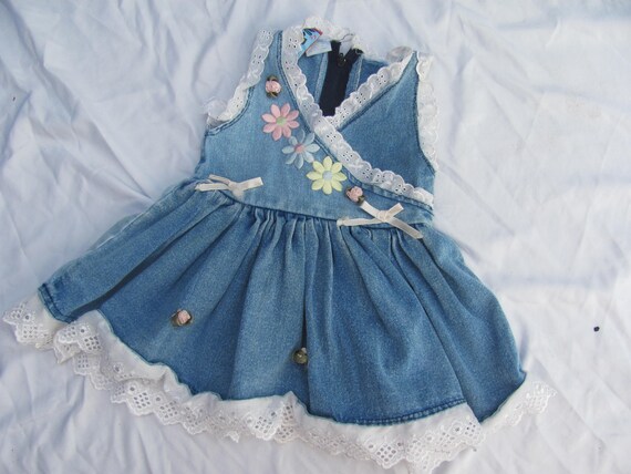 Vintage 90s Denim Dress, Floral Embroidery & Lace Trim, 12 Months