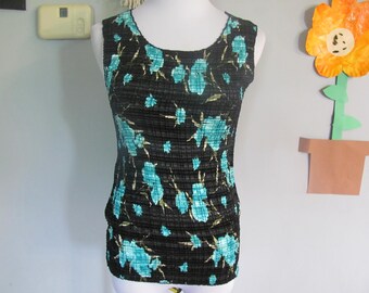 Vintage 90s Y2k Scrunchy Textured Black and Turquoise Floral Print Tank Top