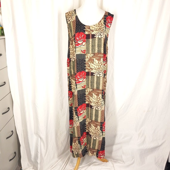 90s Floral Patchwork Maxi Dress - Red Brown Boho … - image 1