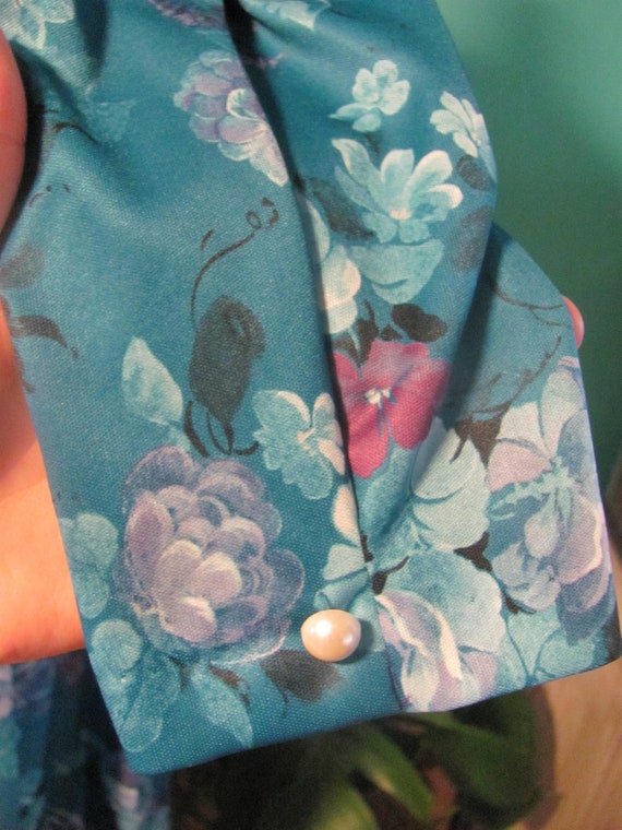 Womens Vintage Retro Floral Turquoise Purple Silk… - image 7