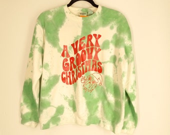 Upcycled Festive Green Tie Dye Very Groovy Christmas Hippie Santa Crewneck Sweatshirt Funny Xmas Pullover Red Green White Peace Sign Santa