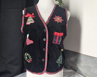 Vintage 1990s Festive plaid black Tacky Fun Christmas Vest Sleeveless Top petite small