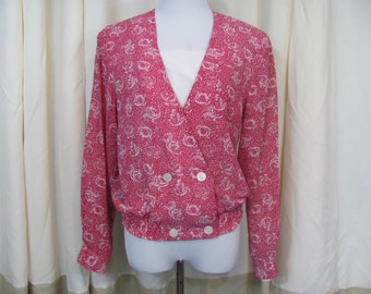 Womens Vintage 80s Pink Top Long Sleeve Pink And White Cute Blouse Karen Scott Womens Shirt