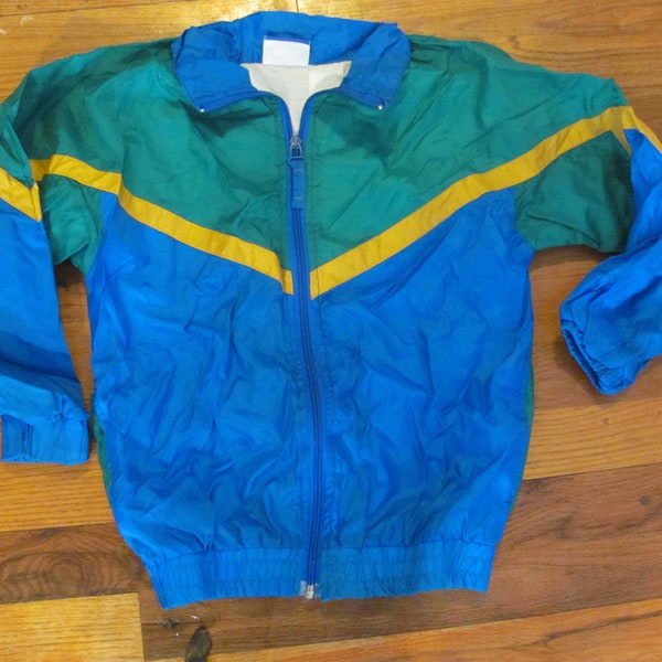 Vintage 80s 90s KIds Nylon WINDBREAKER Jacket Lined Athletic Track Jacket Retro 1990s Blue Green Yellow Color Block Light Weight Jacket