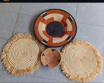 Set of 4 Rwanda Raffia Baskets – Handwoven African Storage Baskets | Natural Fiber Boho Home Decor | Decorative Wall & Organizer Basket Set