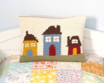 CROCHET PILLOWS - Intarsia Pattern - Farmhouse Style -Crochet Cushion - Fancy Pillows - Vintage Caravan - Christmas Pillow - House Cushion