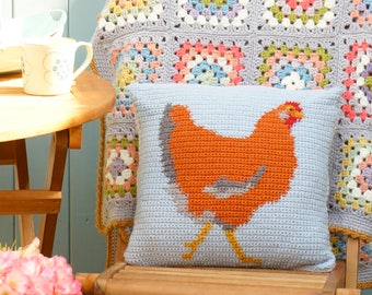 Farmhouse Style, Chicken Cushion, Crochet Pattern, Hen Pillow, Square Cushion, Sofa Pilllow, Farm Animal, Gray Cushion, Chook Pillow
