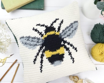 Bumble Bee Cushion, Crochet Pattern Tutorial, Large Honey Bee, Animal Cushion, Insect Pillow, Square Shape, Modern Intarsia, Picture Crochet