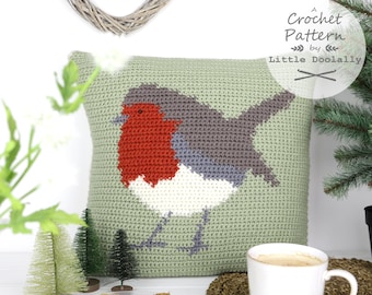 Robin Cushion, Crochet Pattern, Christmas Pillow, Intarsia Crochet, Little Doolally, Pattern for Crochet, Bird Cushion, Festive Decor, Xmas